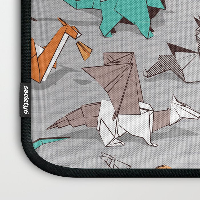 Origami dragon friends // grey linen texture background aqua orange grey and taupe fantastic creatures Laptop Sleeve Gallery Image 3