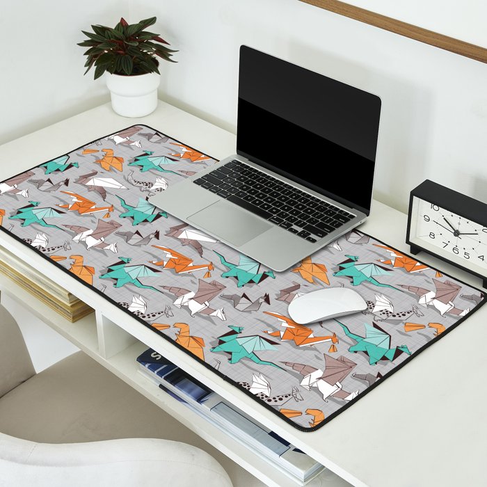 Origami dragon friends // grey linen texture background aqua orange grey and taupe fantastic creatures Desk Mat Gallery Image 2
