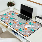 Origami dragon friends // grey linen texture background aqua orange grey and taupe fantastic creatures Desk Mat Gallery Image 2