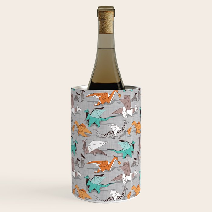 Origami dragon friends // grey linen texture background aqua orange grey and taupe fantastic creatures Wine Chiller Gallery Image 2