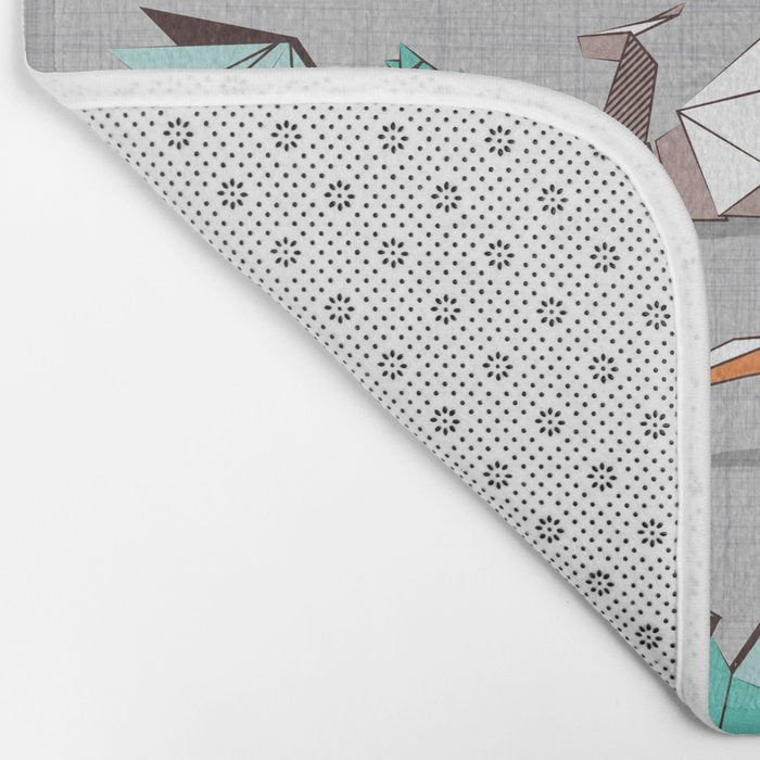 Origami dragon friends // grey linen texture background aqua orange grey and taupe fantastic creatures Bath Mat Gallery Image 2