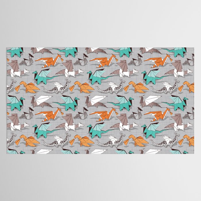 Origami dragon friends // grey linen texture background aqua orange grey and taupe fantastic creatures Tablecloth Gallery Image 2