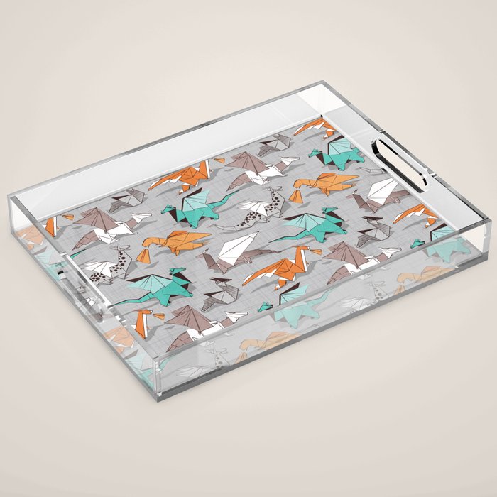 Origami dragon friends // grey linen texture background aqua orange grey and taupe fantastic creatures Acrylic Tray Gallery Image 1