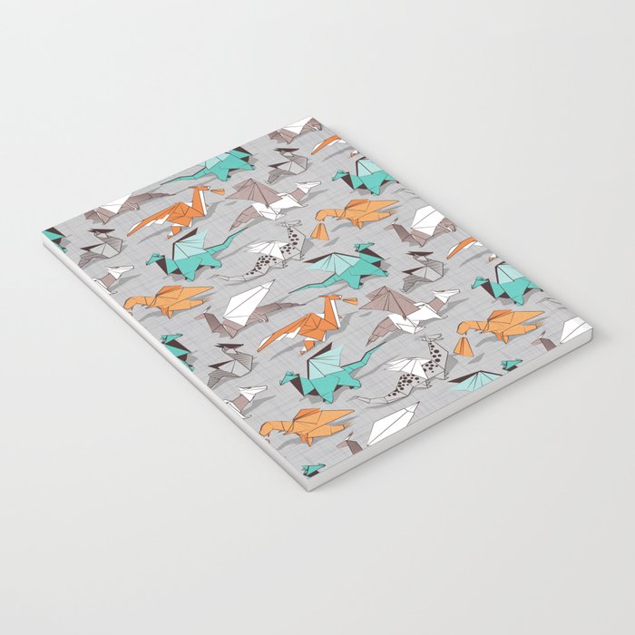 Origami dragon friends // grey linen texture background aqua orange grey and taupe fantastic creatures Notebook Gallery Image 3