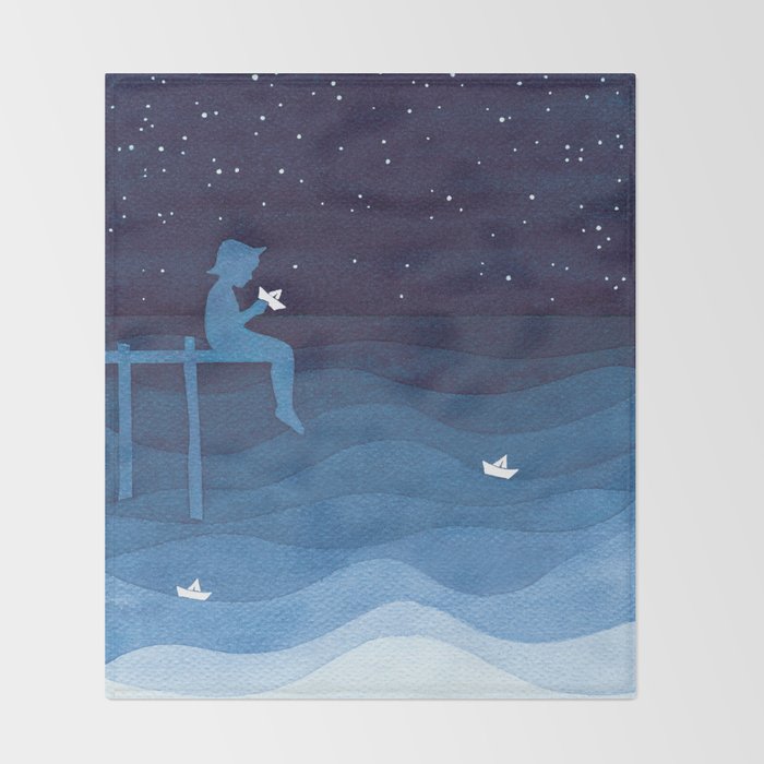 Boy with paper boats, blue Throw Blanket Gallery Image 2