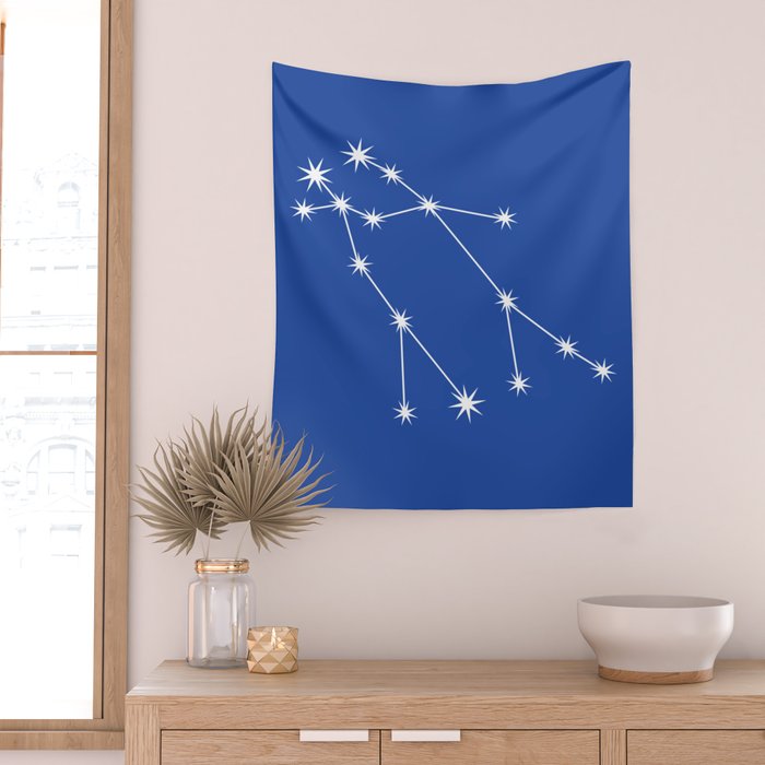 Gemini Zodiac Star Constellation Line Art Vibrant Blue Wall Tapestry Gallery Image 2