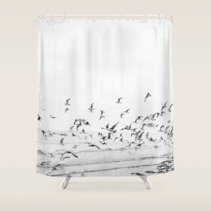 "Seagulls" | Coastal black and white photo | Film photography | Beach Shower Curtain Gallery Image 1