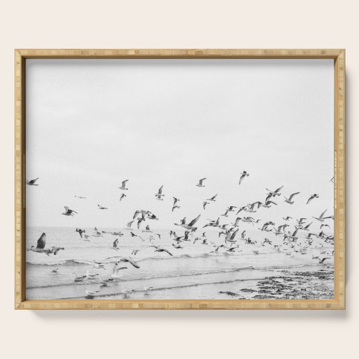 "Seagulls" | Coastal black and white photo | Film photography | Beach Serving Tray Gallery Image 1