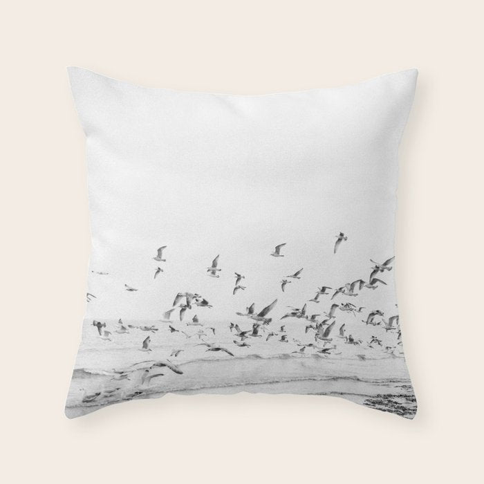 "Seagulls" | Coastal black and white photo | Film photography | Beach Throw Pillow Gallery Image 1