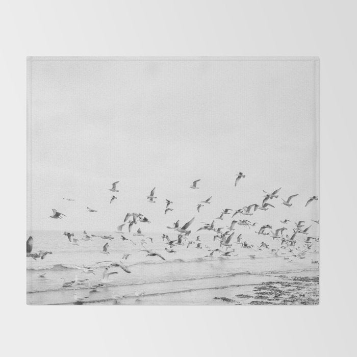 "Seagulls" | Coastal black and white photo | Film photography | Beach Throw Blanket Gallery Image 2
