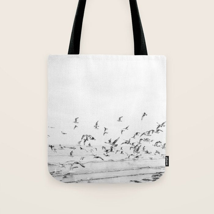 "Seagulls" | Coastal black and white photo | Film photography | Beach Tote Bag Gallery Image 1