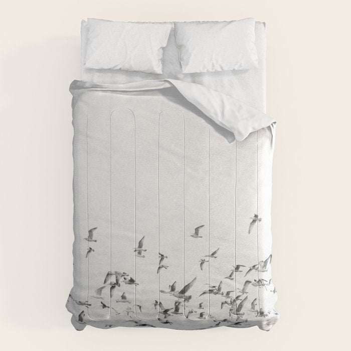 "Seagulls" | Coastal black and white photo | Film photography | Beach Comforter Gallery Image 1