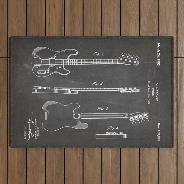 Bass Guitar Patent - Bass Guitarist Art - Black Chalkboard Outdoor Rug Gallery Image 1