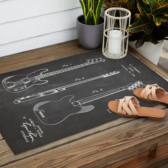 Bass Guitar Patent - Bass Guitarist Art - Black Chalkboard Outdoor Rug Gallery Image 2