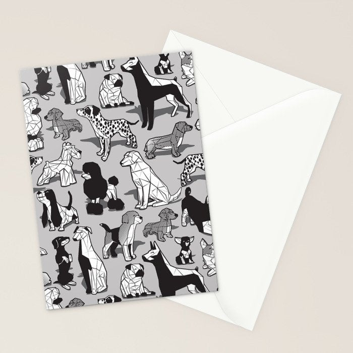 Geometric sweet wet noses // grey background black and white dogs Stationery Card Gallery Image 2