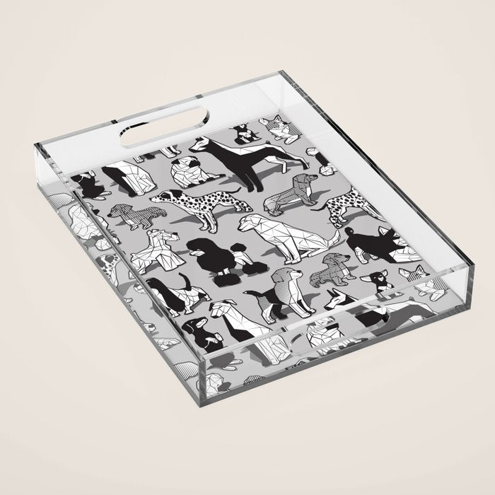 Geometric sweet wet noses // grey background black and white dogs Acrylic Tray Gallery Image 1