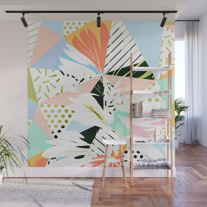 Monsterabstract, Abstract Tropical Nature Pastel Collage, Graphic Design Botanical Garden, Monstera Exotic Plants Geometric Shapes, Eclectic Bohemian Contemporary Color Story  Wall Mural Gallery Image 1