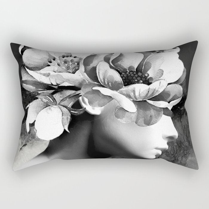 Floral Portrait-black and white Rectangular Pillow Gallery Image 2