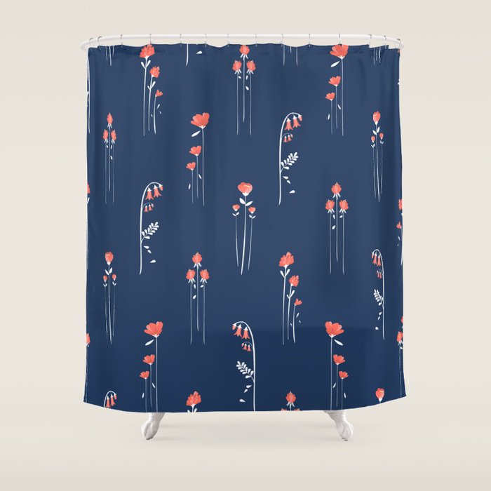 Retro Dark Flower Pattern in Modern Navy and Coral Shower Curtain Gallery Image 1