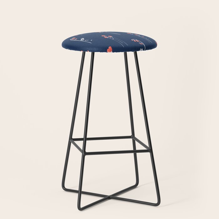 Retro Dark Flower Pattern in Modern Navy and Coral Stool Gallery Image 1