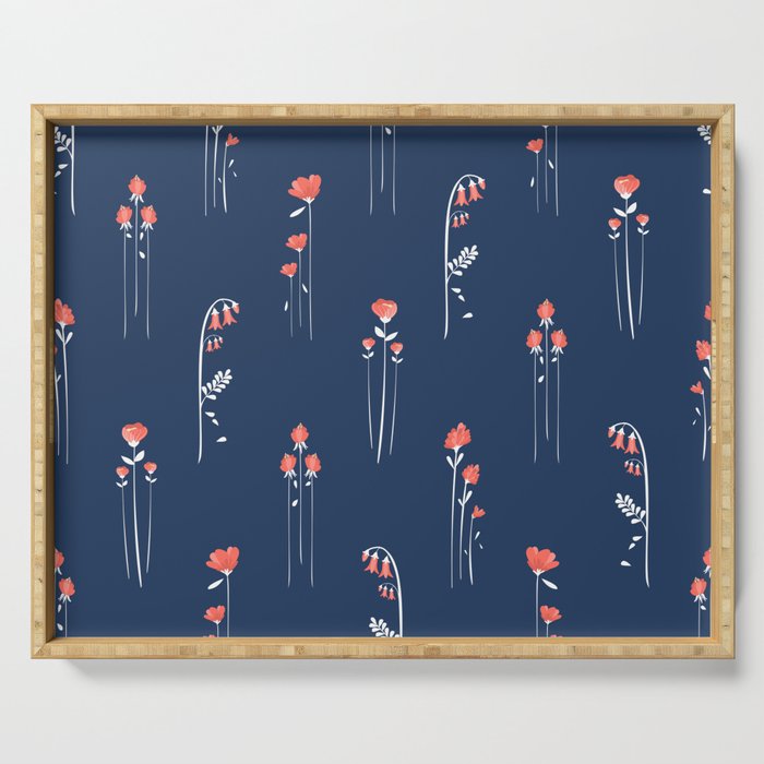Retro Dark Flower Pattern in Modern Navy and Coral Serving Tray Gallery Image 1
