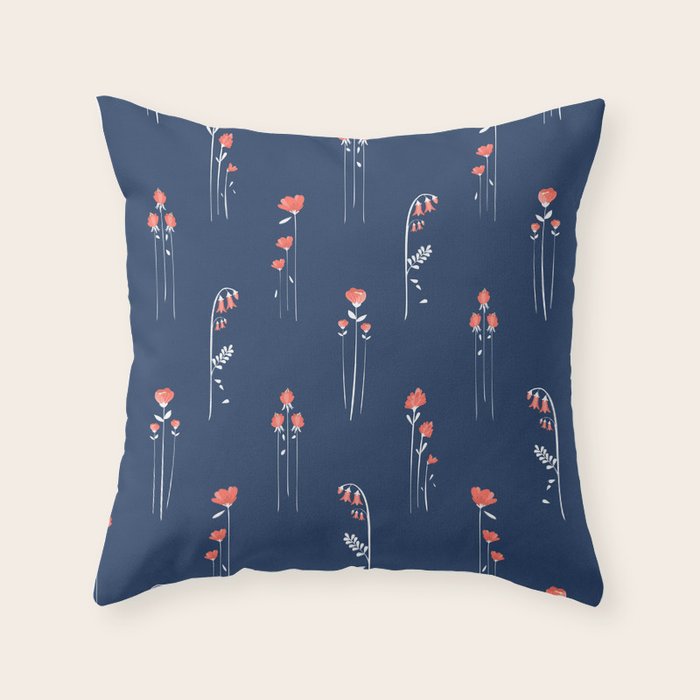 Retro Dark Flower Pattern in Modern Navy and Coral Throw Pillow Gallery Image 6
