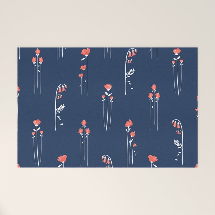 Retro Dark Flower Pattern in Modern Navy and Coral Welcome Mat Gallery Image 1