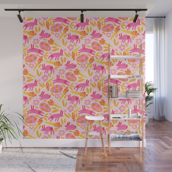 Cute Colorful Rabbits & Decorative Eggs in Pastel Pink Wall Mural Gallery Image 1