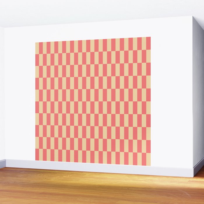 Narrow Check Pattern - Retro Coral and Cream Wall Mural Gallery Image 2