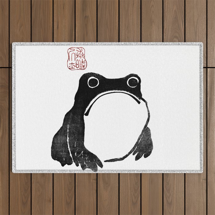 Cute Grumpy Frog Vintage Japanese Woodblock Print Outdoor Rug Gallery Image 1