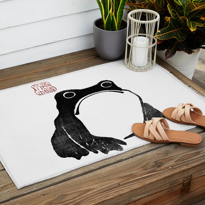 Cute Grumpy Frog Vintage Japanese Woodblock Print Outdoor Rug Gallery Image 2