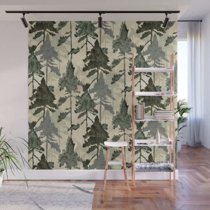 Enchanted Watercolor Pine Forest Wall Mural Gallery Image 1