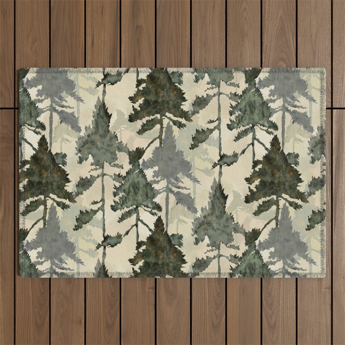 Enchanted Watercolor Pine Forest Outdoor Rug Gallery Image 1