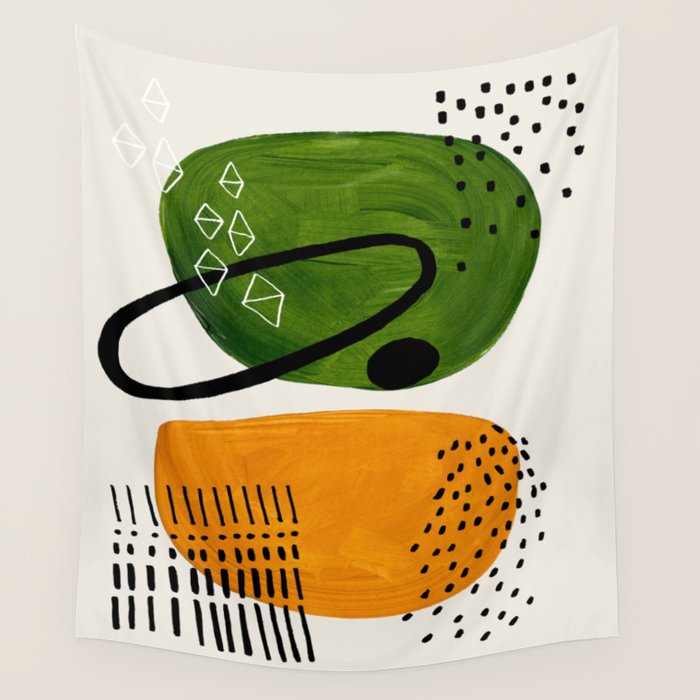 Mid Century Modern Abstract Colorful Art Patterns Olive Green Yellow Ochre Orbit Geometric Objects Wall Tapestry Gallery Image 1