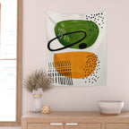 Mid Century Modern Abstract Colorful Art Patterns Olive Green Yellow Ochre Orbit Geometric Objects Wall Tapestry Gallery Image 2