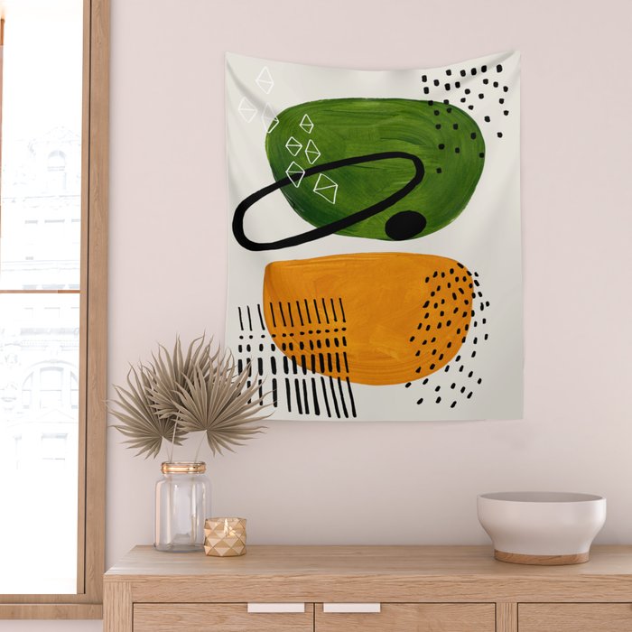 Mid Century Modern Abstract Colorful Art Patterns Olive Green Yellow Ochre Orbit Geometric Objects Wall Tapestry Gallery Image 2