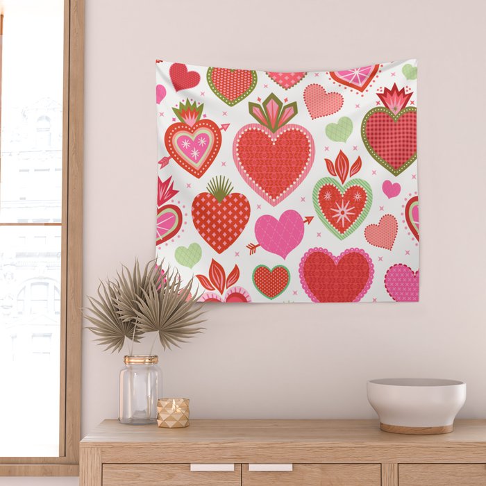 Valentine's Day Hearts - Red Pink and Green Wall Tapestry Gallery Image 2