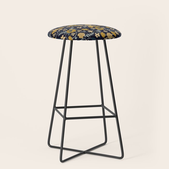 Navy Blue, Turquoise, Cream & Mustard Yellow Dark Floral Pattern Stool Gallery Image 1
