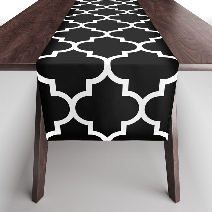 White Moroccan Quatrefoil On Darkest Black Table Runner Gallery Image 1