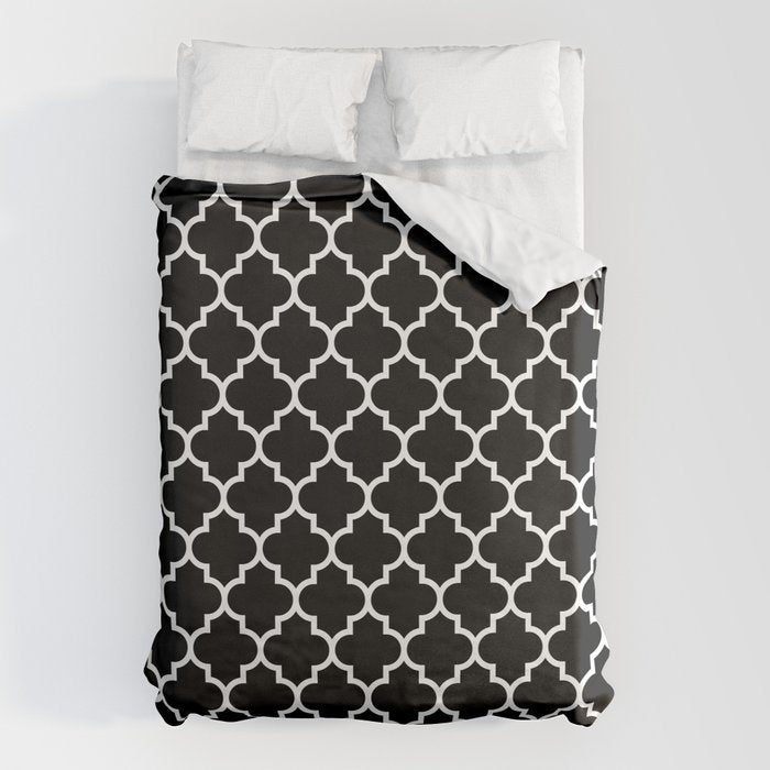 White Moroccan Quatrefoil On Darkest Black Duvet Cover Gallery Image 6