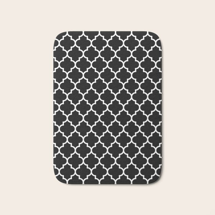 White Moroccan Quatrefoil On Darkest Black Bath Mat Gallery Image 1