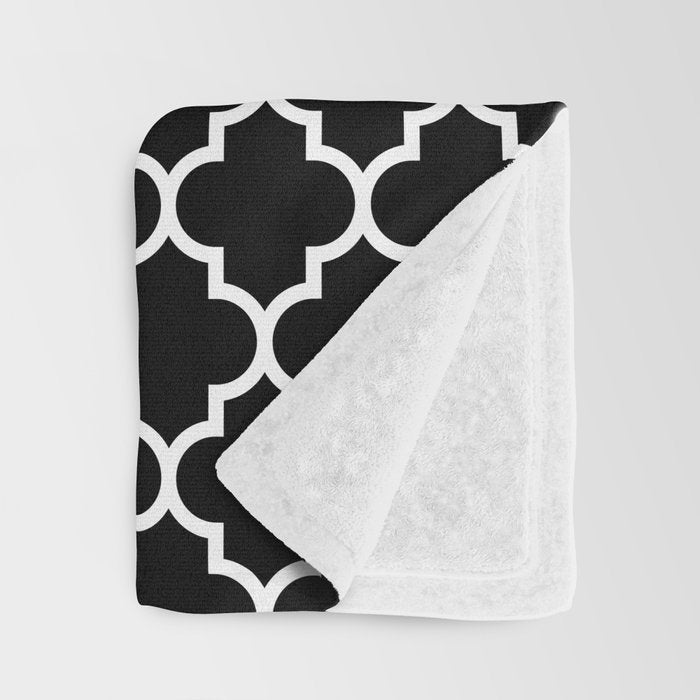 White Moroccan Quatrefoil On Darkest Black Throw Blanket Gallery Image 3
