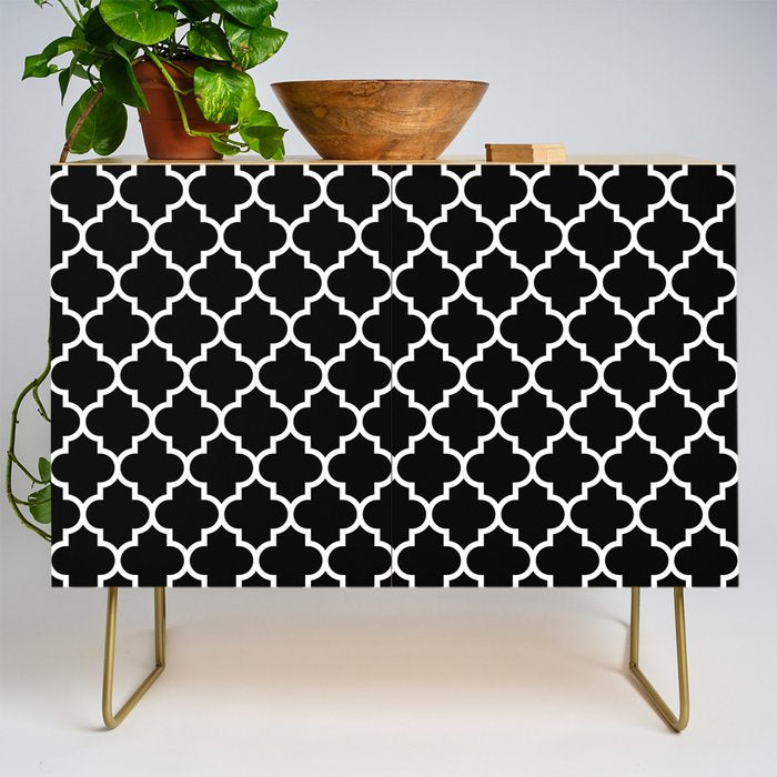 White Moroccan Quatrefoil On Darkest Black Credenza Gallery Image 1