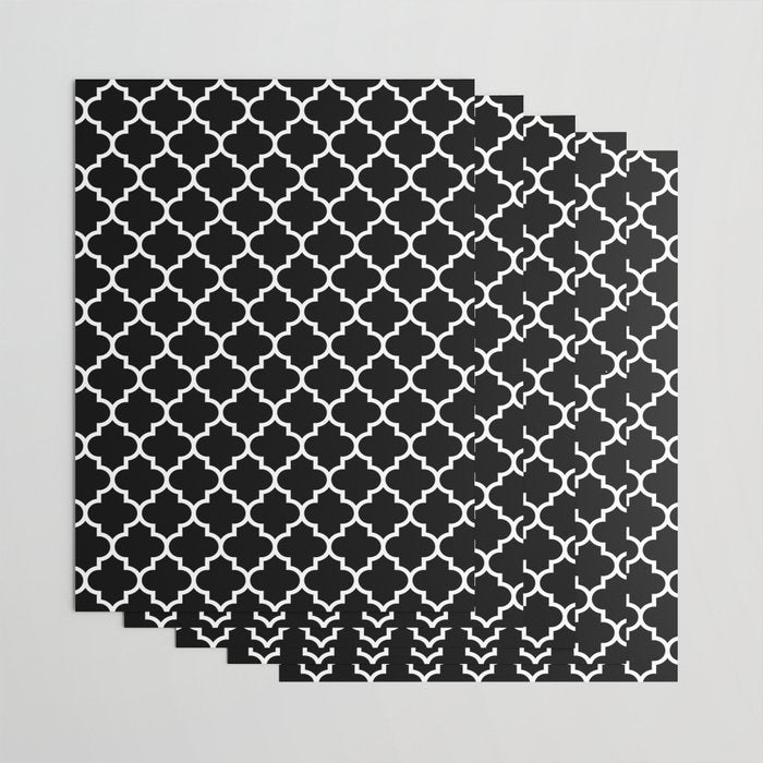 White Moroccan Quatrefoil On Darkest Black Wrapping Paper Gallery Image 3