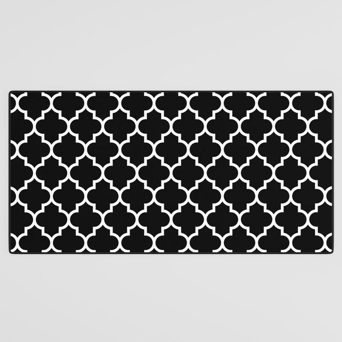 White Moroccan Quatrefoil On Darkest Black Desk Mat Gallery Image 3