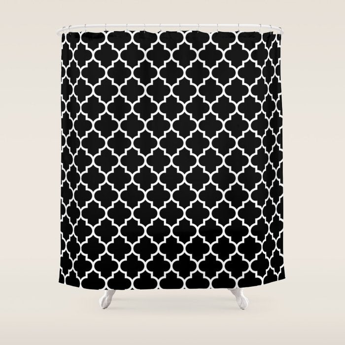 White Moroccan Quatrefoil On Darkest Black Shower Curtain Gallery Image 1