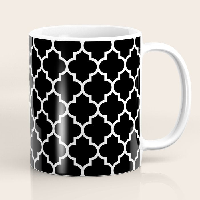 White Moroccan Quatrefoil On Darkest Black Coffee Mug