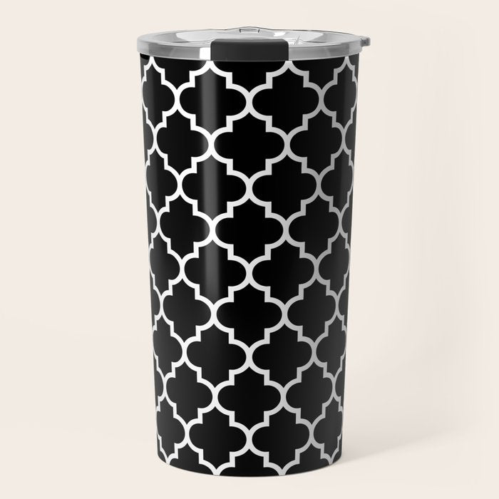 White Moroccan Quatrefoil On Darkest Black Travel Mug Gallery Image 1