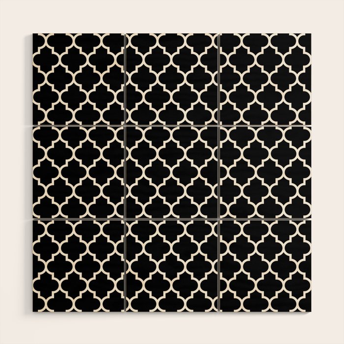 White Moroccan Quatrefoil On Darkest Black Wood Wall Art Gallery Image 1