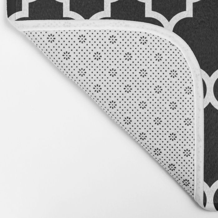 White Moroccan Quatrefoil On Darkest Black Bath Mat Gallery Image 2
